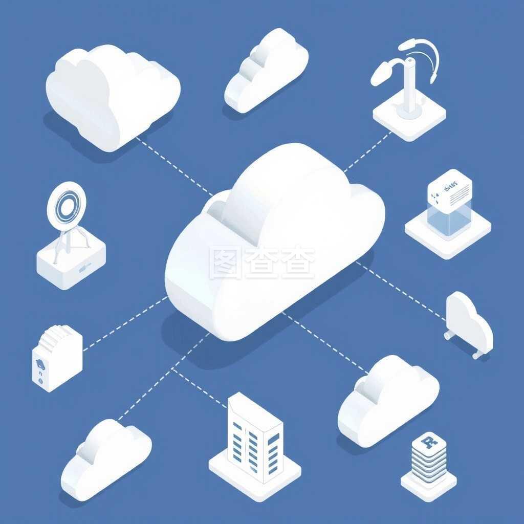 虛線矢量圖連接的云計(jì)算基礎(chǔ)設(shè)施元素 大圖標(biāo)的云服務(wù)等距組合解析